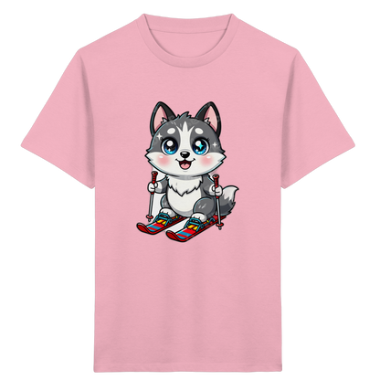 Husky-Welpe auf Skiern – Kinder Bio-T-Shirt