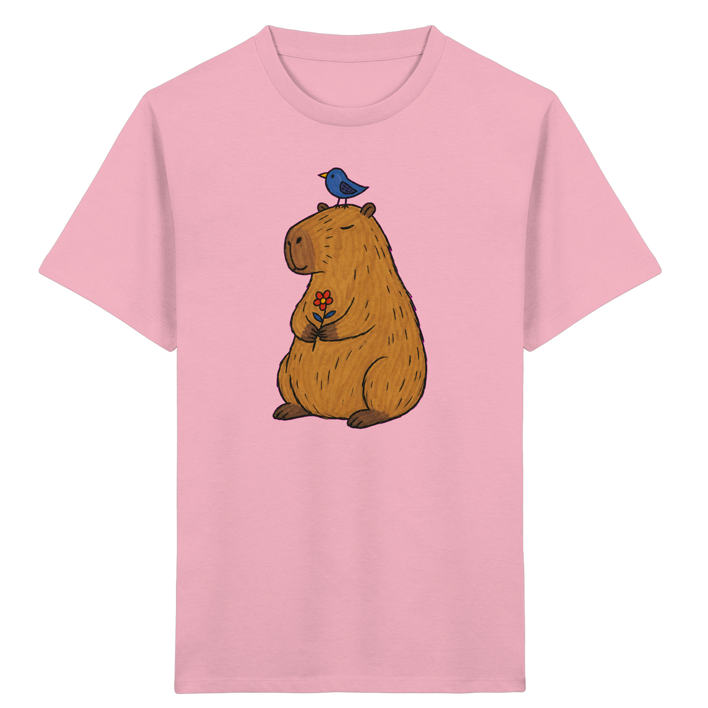 Süßes Capybara T-Shirt mit Vogel - Kinder Bio T-Shirt