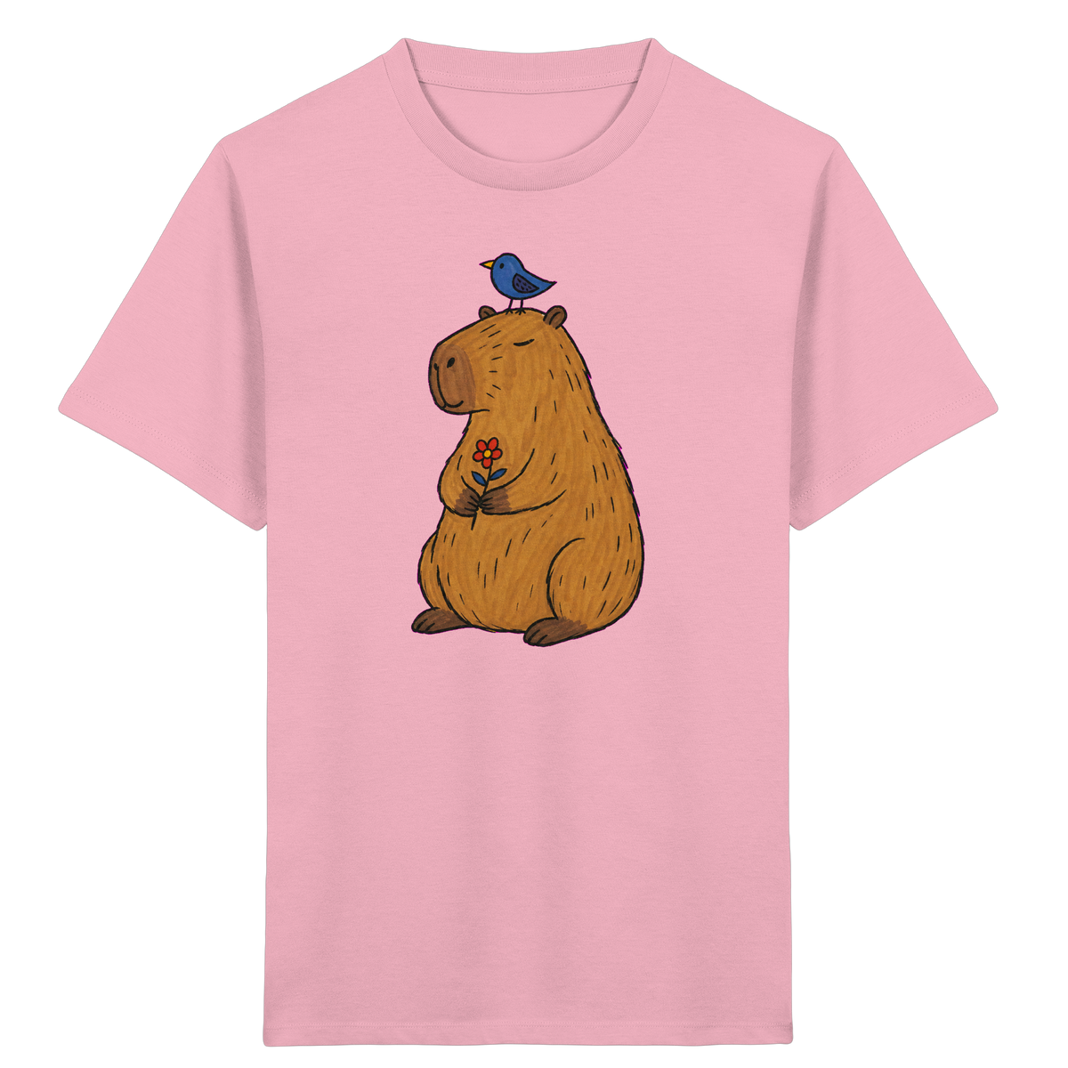 Süßes Capybara T-Shirt mit Vogel - Kinder Bio T-Shirt