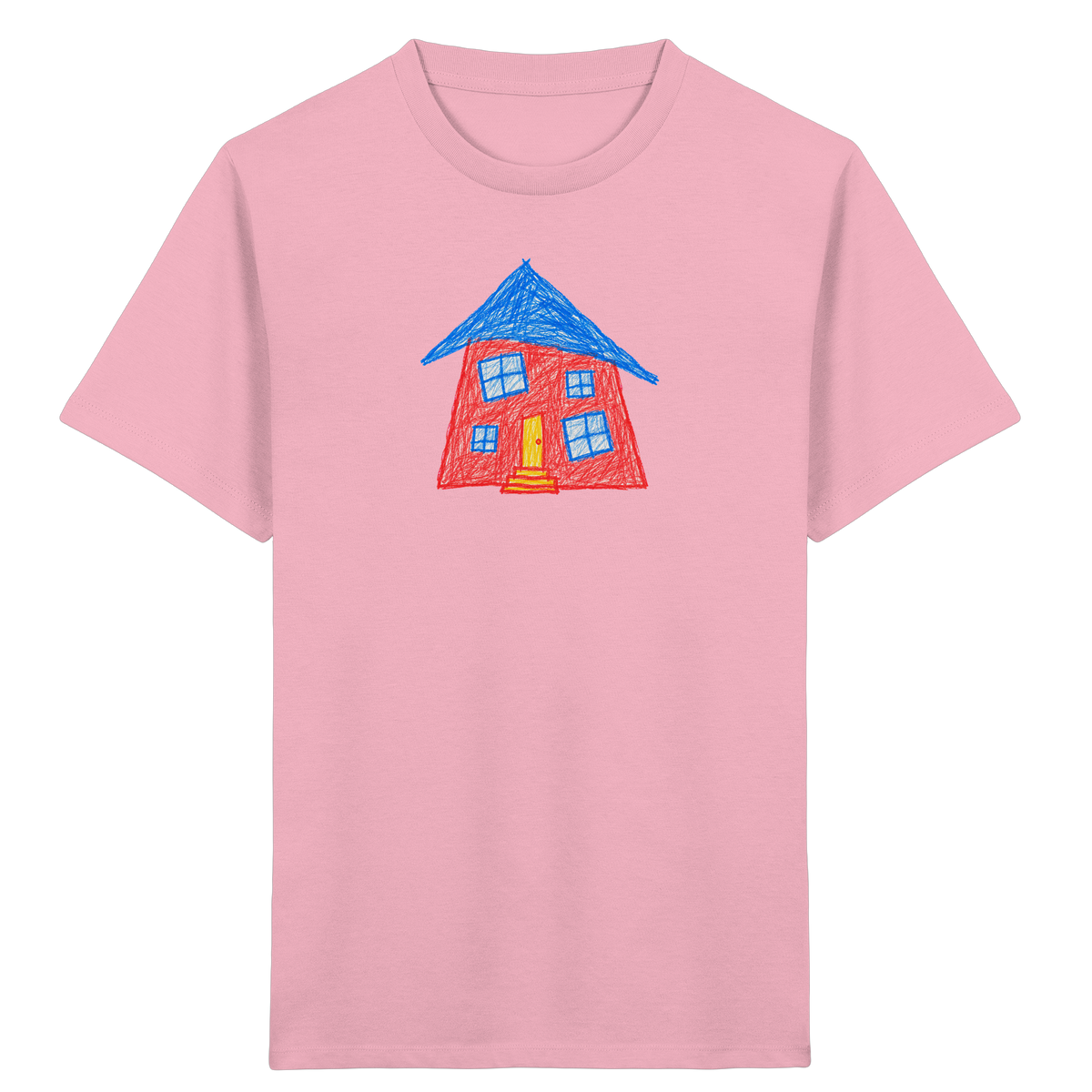 Korallenrotes Haus mit blauem Dach - Kinder Bio T-Shirt
