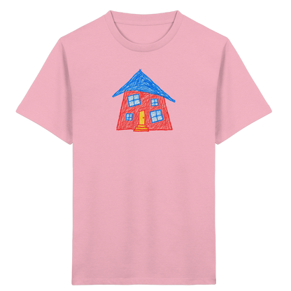 Korallenrotes Haus mit blauem Dach - Kinder Bio T-Shirt