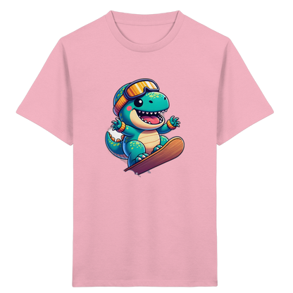Dinosaurier auf dem Snowboard – Kinder Bio-T-Shirt