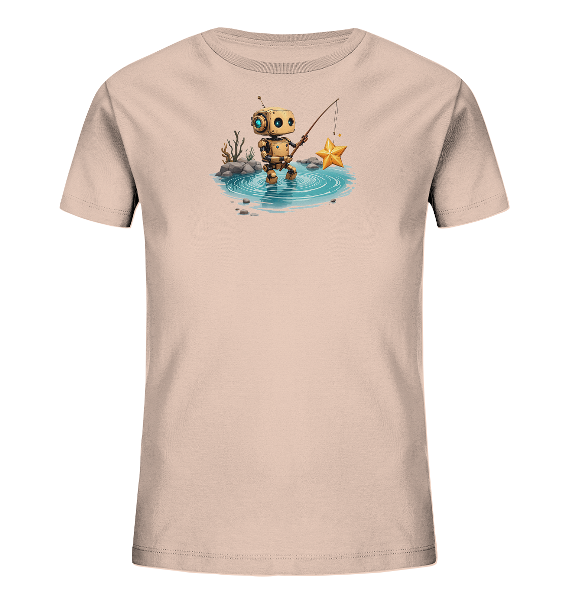 Onlineshop Shirts für Kinder - Das Bild zeigt ein einfarbiges T-Shirt in einem hellen, blassrosa Farbton. Auf der Vorderseite ist eine detaillierte Grafik abgebildet, die einen kleinen Roboter beim Angeln darstellt. Der Roboter steht in einem flachen Gewässer mit Steinen und Pflanzen im Hintergrund und angelt mit einer Rute nach einem leuchtenden goldenen Stern, der über dem Wasser schwebt. Das Motiv ist fantasievoll gestaltet und fängt eine ruhige Szene ein.