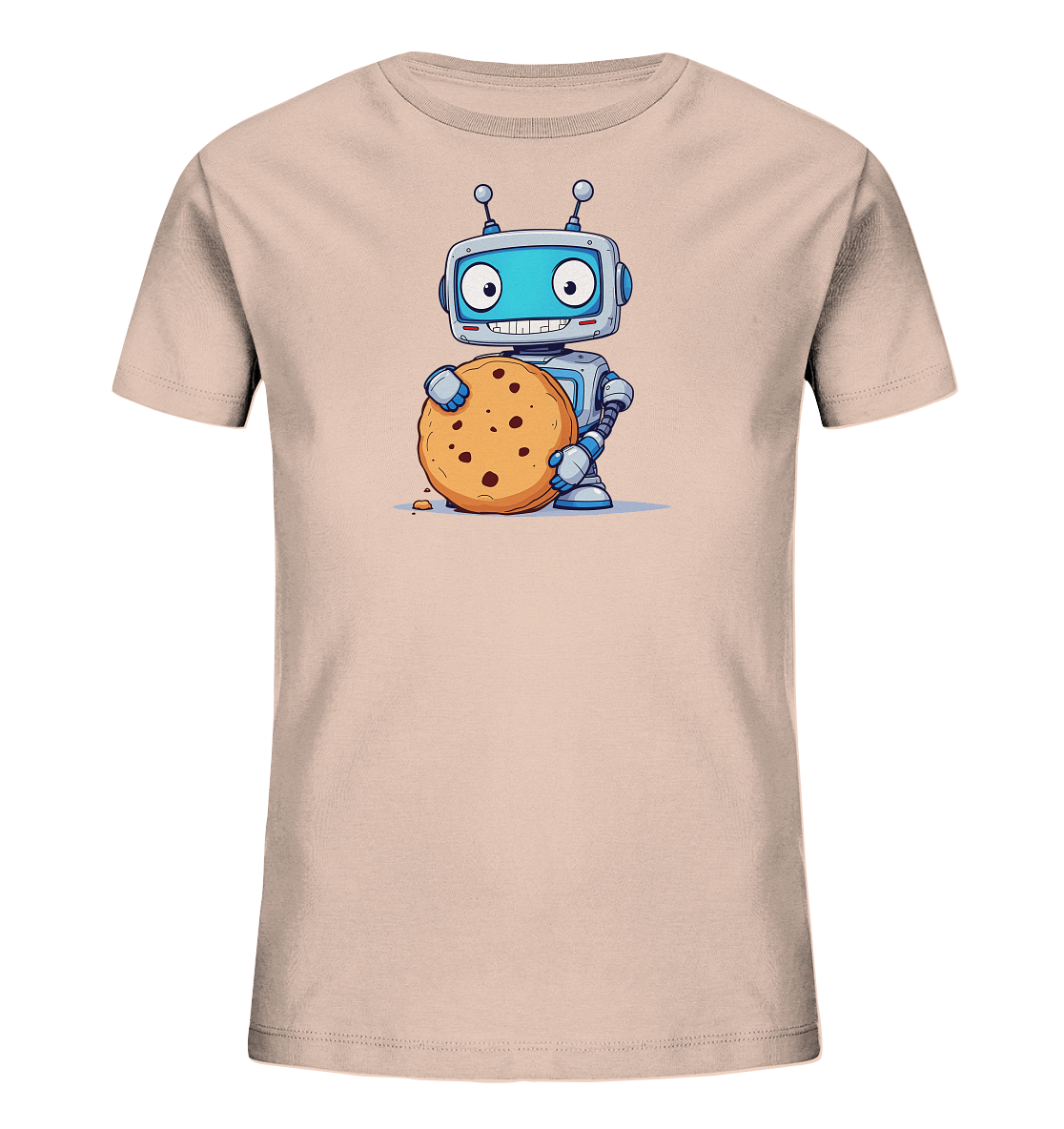 Onlineshop Shirts für Kinder - Das Bild zeigt ein kurzärmeliges Kinder-T-Shirt in einem hellen Rosa- oder Beigeton. Auf der Vorderseite ist eine Cartoon-Illustration eines freundlichen Roboters abgebildet. Der kleine Roboter ist in Blau- und Grautönen gehalten, hat große Augen, ein breites Lächeln und hält einen großen Schokoladenkeks in seinen Händen. Ein kleiner Keks-Krümel ist am Boden neben dem Cookie zu sehen, was dem Design eine verspielte Note verleiht.