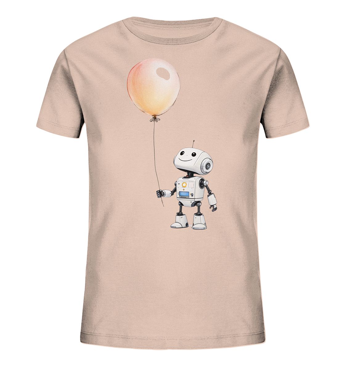 Onlineshop Shirts für Kinder - Das Bild zeigt die Vorderseite eines hellrosa-beigefarbenen T-Shirts für Kinder. Auf der Vorderseite ist eine freundliche Illustration eines kleinen, weißen Roboters zu sehen. Der Roboter lächelt und hält einen großen, orange-gelblichen Ballon an einer Schnur fest. Das Design ist einfach, aber ansprechend und verleiht dem Shirt einen verspielten Charakter.