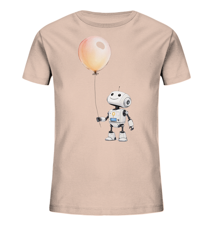 Onlineshop Shirts für Kinder - Das Bild zeigt die Vorderseite eines hellrosa-beigefarbenen T-Shirts für Kinder. Auf der Vorderseite ist eine freundliche Illustration eines kleinen, weißen Roboters zu sehen. Der Roboter lächelt und hält einen großen, orange-gelblichen Ballon an einer Schnur fest. Das Design ist einfach, aber ansprechend und verleiht dem Shirt einen verspielten Charakter.