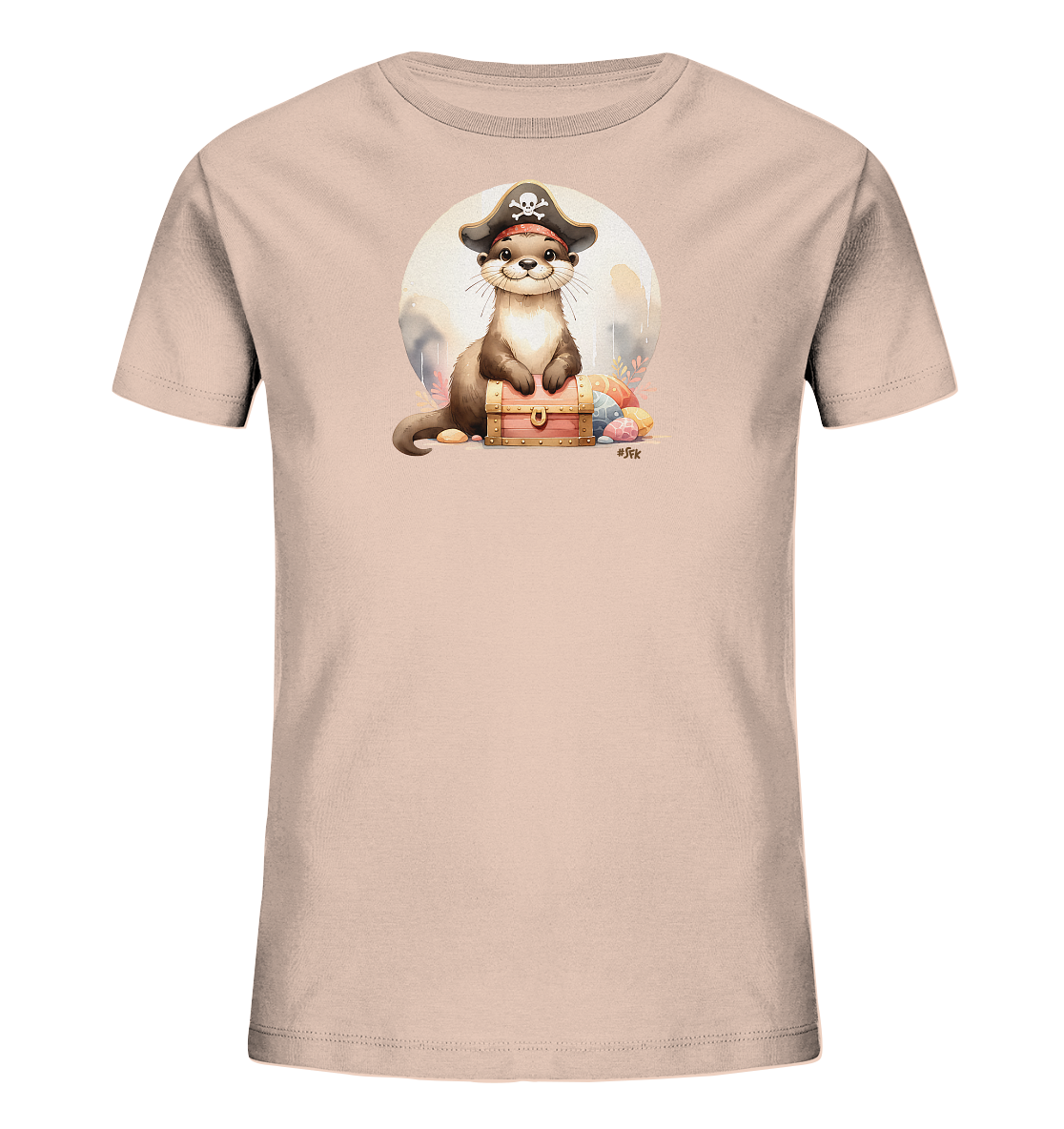 Onlineshop Shirts fuer Kinder - Das Bild zeigt ein hellrosafarbenes Kinder-T-Shirt. Auf der Vorderseite ist eine niedliche Illustration eines Otters zu sehen, der einen Piratenhut traegt. Der Otter sitzt auf einer kleinen Schatzkiste, umgeben von bunten Eiern. Dahinter ist ein heller Kreis dargestellt.