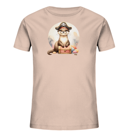 Onlineshop Shirts fuer Kinder - Das Bild zeigt ein hellrosafarbenes Kinder-T-Shirt. Auf der Vorderseite ist eine niedliche Illustration eines Otters zu sehen, der einen Piratenhut traegt. Der Otter sitzt auf einer kleinen Schatzkiste, umgeben von bunten Eiern. Dahinter ist ein heller Kreis dargestellt.