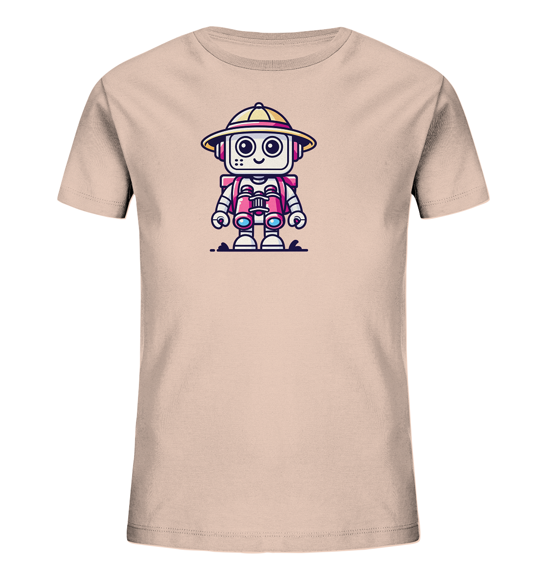 Onlineshop Shirts für Kinder - Das Bild zeigt ein unifarbenes Kinder-T-Shirt in einem hellen Beigeton. Auf der Vorderseite des Shirts ist eine fröhliche Cartoon-Grafik eines kleinen Roboters abgebildet. Der Roboter trägt einen gelben Safari-Hut mit pinkem Band und hält ein Fernglas vor seiner Brust. Seine großen Augen und sein Lächeln verleihen ihm ein freundliches Aussehen, während die pinken, blauen und gelben Details der Figur einen bunten Akzent auf dem hellen Shirt setzen.