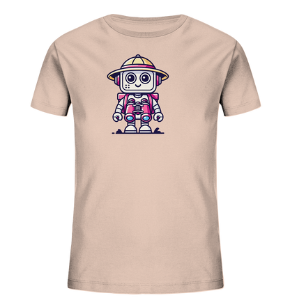 Onlineshop Shirts für Kinder - Das Bild zeigt ein unifarbenes Kinder-T-Shirt in einem hellen Beigeton. Auf der Vorderseite des Shirts ist eine fröhliche Cartoon-Grafik eines kleinen Roboters abgebildet. Der Roboter trägt einen gelben Safari-Hut mit pinkem Band und hält ein Fernglas vor seiner Brust. Seine großen Augen und sein Lächeln verleihen ihm ein freundliches Aussehen, während die pinken, blauen und gelben Details der Figur einen bunten Akzent auf dem hellen Shirt setzen.