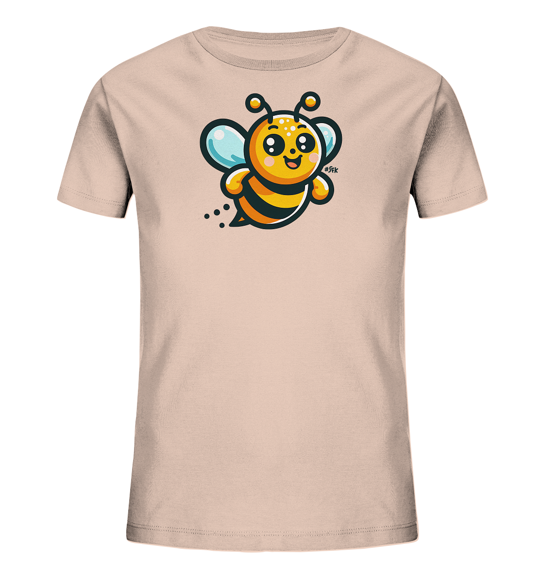 Onlineshop Shirts fuer Kinder - Dieses Bild zeigt ein hellrosa Kinder-T-Shirt mit einem niedlichen Comic-Motiv. Auf der Vorderseite ist eine froehlich fliegende Biene mit grossen Augen und hellblauen Fluegeln abgebildet. Die Biene ist in Gelb und Schwarz gehalten und hat drei kleine Punkte hinter sich, die Bewegung andeuten. Das Design wirkt freundlich und verspielt.