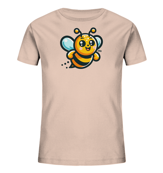 Onlineshop Shirts fuer Kinder - Dieses Bild zeigt ein hellrosa Kinder-T-Shirt mit einem niedlichen Comic-Motiv. Auf der Vorderseite ist eine froehlich fliegende Biene mit grossen Augen und hellblauen Fluegeln abgebildet. Die Biene ist in Gelb und Schwarz gehalten und hat drei kleine Punkte hinter sich, die Bewegung andeuten. Das Design wirkt freundlich und verspielt.