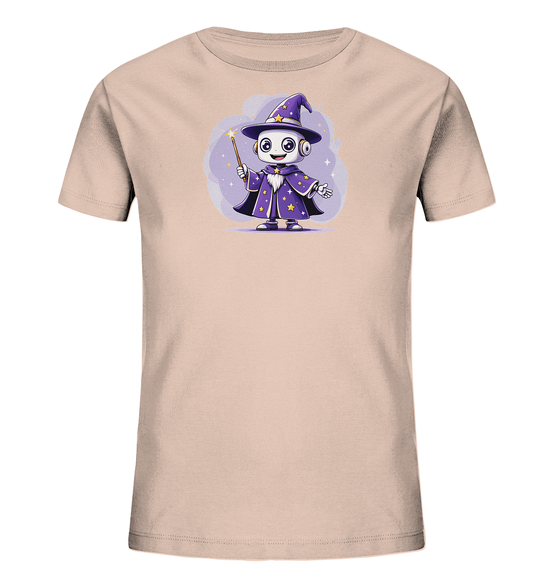 Onlineshop Shirts für Kinder - Das Bild zeigt ein hellbeiges T-Shirt für Kinder mit einem Druck auf der Vorderseite. Der Druck stellt einen niedlichen Cartoon-Roboter dar, der als Zauberer verkleidet ist. Der Roboter trägt einen spitzen, lila Hut und einen passenden Umhang, beide verziert mit gelben Sternen. In seiner Hand hält er einen Zauberstab, während er vor einem lila, nebelartigen Hintergrund mit Sternen und Glitzer steht.