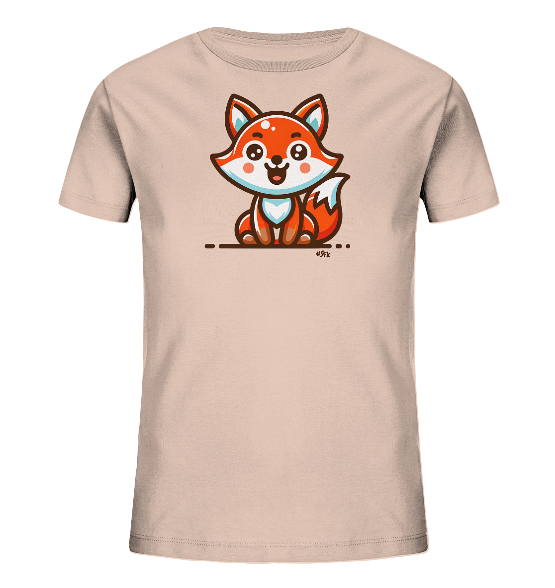 Onlineshop Shirts fuer Kinder - Das Bild zeigt ein hellrosa T-Shirt fuer Kinder. Auf der Vorderseite ist eine niedliche Illustration eines sitzenden Fuchses zu sehen. Der cartoonartige Fuchs hat orangefarbenes Fell, grosse Augen und ein froehliches Laecheln. Er sitzt auf einer einfachen braunen Linie mit Punkten, was dem Design einen minimalistischen Touch verleiht.