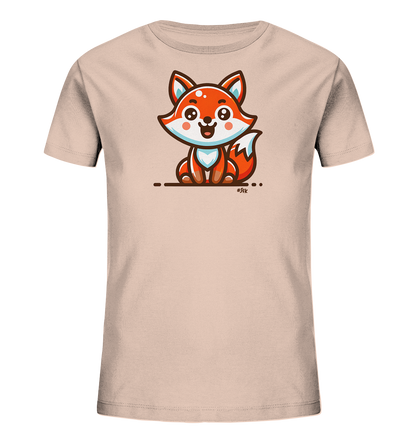 Onlineshop Shirts fuer Kinder - Das Bild zeigt ein hellrosa T-Shirt fuer Kinder. Auf der Vorderseite ist eine niedliche Illustration eines sitzenden Fuchses zu sehen. Der cartoonartige Fuchs hat orangefarbenes Fell, grosse Augen und ein froehliches Laecheln. Er sitzt auf einer einfachen braunen Linie mit Punkten, was dem Design einen minimalistischen Touch verleiht.