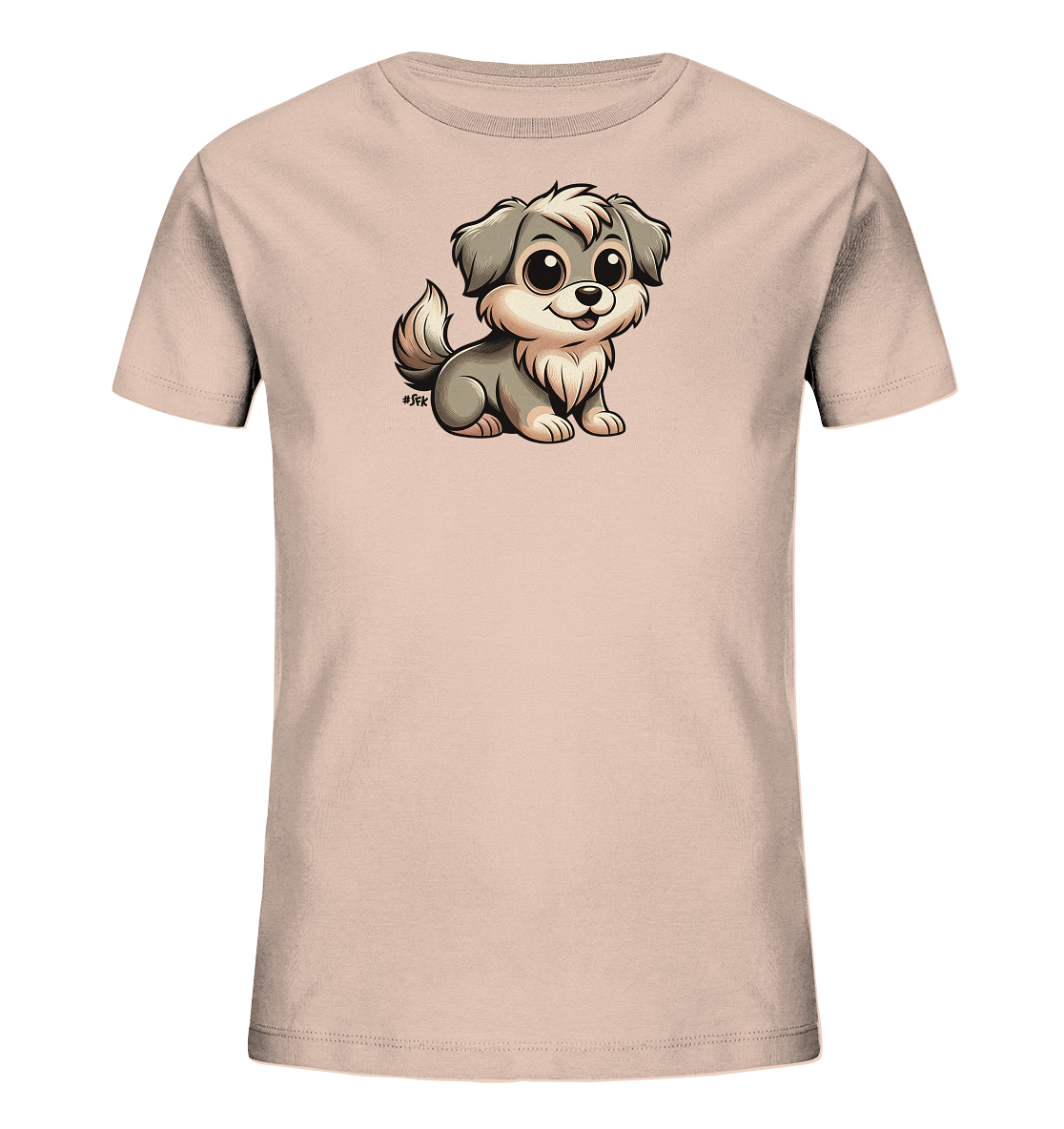 Onlineshop Shirts fuer Kinder - Dieses hellrosafarbene Kinder-T-Shirt praesentiert auf der Vorderseite eine bezaubernde Illustration eines kleinen, cartoonartigen Hundes. Der Hund ist in Grautoenen mit beigen Akzenten dargestellt, besitzt grosse, runde Augen und ein freundliches Laecheln. Er sitzt in einer aufrechten Position und verleiht dem Shirt einen verspielten und warmherzigen Look. Das Design ist schlicht und auf das liebevolle Tiermotiv fokussiert.