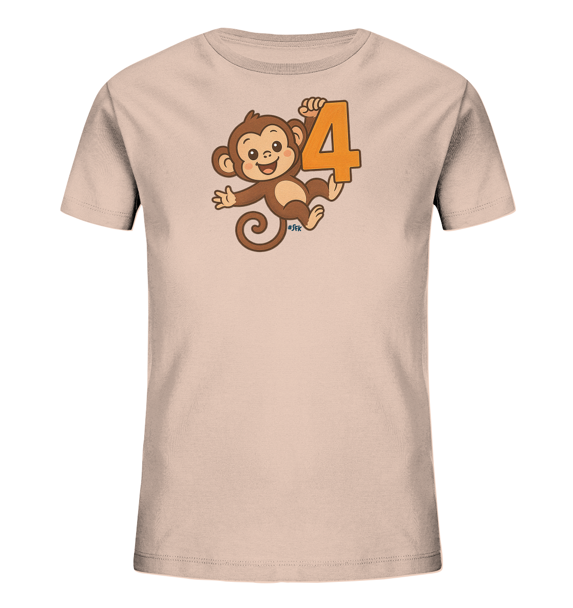 Onlineshop Shirts fuer Kinder - Das Bild zeigt ein hellrosa Kinder T-Shirt mit einem farbenfrohen Motiv. Auf der Vorderseite ist ein niedlicher Cartoon-Affe abgebildet, der lachend die Zahl '4' haelt. Der Affe hat braunes Fell und einen froehlichen Ausdruck. Die orangefarbene Zahl '4' ist prominent platziert und ergaenzt das verspielte Design.