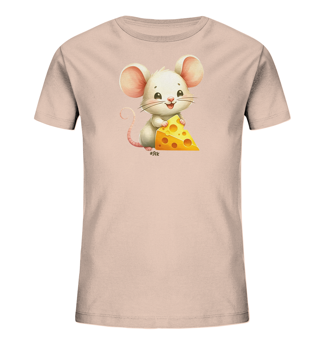 Onlineshop Shirts fuer Kinder - Dieses T-Shirt fuer Kinder ist in einem hellen Rosaton gehalten. Auf der Vorderseite ist eine suesse weisse Cartoon-Maus abgebildet. Die Maus sitzt und haelt ein grosses Stueck gelben Kaese mit Loechern. Sie hat grosse Ohren und laechelt freundlich.