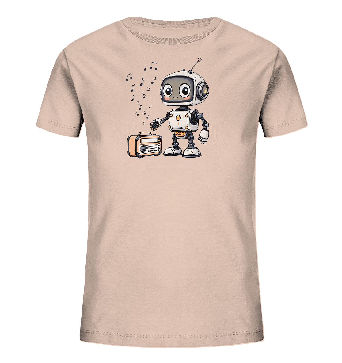Onlineshop Shirts für Kinder - Das Bild zeigt ein hellbeigefarbenes T-Shirt für Kinder mit einem Aufdruck auf der Vorderseite. Der Aufdruck stellt einen niedlichen, cartoonartigen Roboter dar, der neben einem orangefarbenen Radio steht. Über dem Roboter und dem Radio schweben mehrere schwarze Musiknoten, die Bewegung und Klang suggerieren. Das Design ist verspielt und thematisiert Musik oder Technologie auf kinderfreundliche Weise.