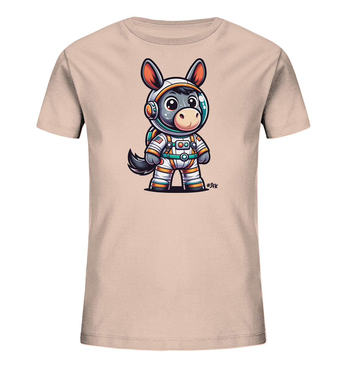 Onlineshop Shirts fuer Kinder - Das Bild zeigt ein hellrosafarbenes T-Shirt fuer Kinder mit einer niedlichen Grafik eines Esels in einem Astronautenanzug. Der Cartoon-Esel traegt einen weissen Raumfahreranzug mit orangen und gruenen Akzenten sowie einen Helm mit klarem Visier. Dieses Design verleiht dem Shirt einen spielerischen und abenteuerlichen Weltraum-Look. Es ist ideal fuer kleine Entdecker.