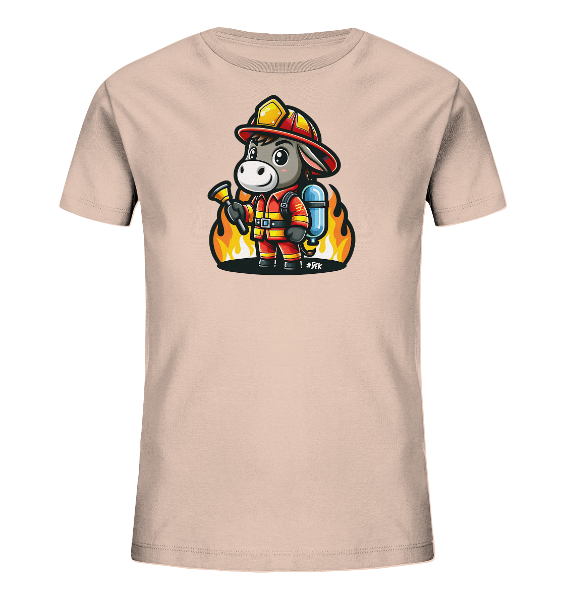 Kinder T-Shirt mit ein freundlicher Esel als Feuerwehrmann mit Helm, Anzug und Schlauch
