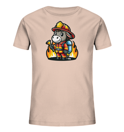 Kinder T-Shirt mit ein freundlicher Esel als Feuerwehrmann mit Helm, Anzug und Schlauch