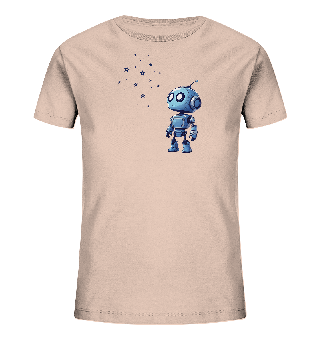 Onlineshop Shirts für Kinder - Das Bild zeigt ein helles, cremefarbenes oder sehr hellrosa Kinder-T-Shirt. Auf der Vorderseite ist ein niedlicher, blauer Cartoon-Roboter abgebildet. Der Roboter steht aufrecht und blickt nach oben links, wo eine Ansammlung von kleinen blauen Sternen und Punkten zu sehen ist. Das Design wirkt insgesamt verspielt und freundlich, passend für Kinderbekleidung.