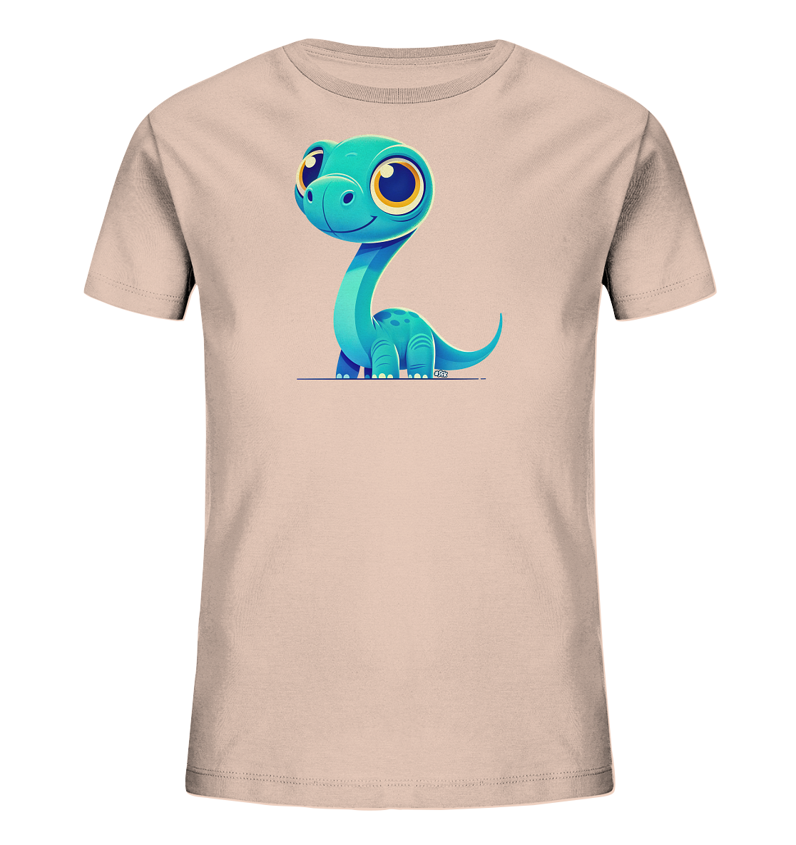 Onlineshop Shirts für Kinder - Das Bild zeigt ein hellrosa Kinder-T-Shirt mit einem zentralen Aufdruck auf der Vorderseite. Der Aufdruck ist eine niedliche, cartoonartige Darstellung eines blauen Dinosauriers mit langem Hals und großen Augen. Der Dinosaurier hat dunklere Flecken auf dem Körper und sitzt auf einer dünnen, dunkelblauen Linie. Das Design ist freundlich und ansprechend für Kinder, ideal für den Alltag.