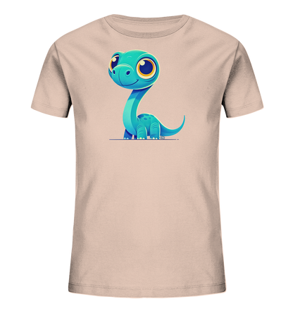 Onlineshop Shirts für Kinder - Das Bild zeigt ein hellrosa Kinder-T-Shirt mit einem zentralen Aufdruck auf der Vorderseite. Der Aufdruck ist eine niedliche, cartoonartige Darstellung eines blauen Dinosauriers mit langem Hals und großen Augen. Der Dinosaurier hat dunklere Flecken auf dem Körper und sitzt auf einer dünnen, dunkelblauen Linie. Das Design ist freundlich und ansprechend für Kinder, ideal für den Alltag.
