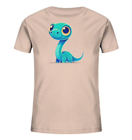 Onlineshop Shirts für Kinder - Das Bild zeigt ein hellrosa Kinder-T-Shirt mit einem zentralen Aufdruck auf der Vorderseite. Der Aufdruck ist eine niedliche, cartoonartige Darstellung eines blauen Dinosauriers mit langem Hals und großen Augen. Der Dinosaurier hat dunklere Flecken auf dem Körper und sitzt auf einer dünnen, dunkelblauen Linie. Das Design ist freundlich und ansprechend für Kinder, ideal für den Alltag.