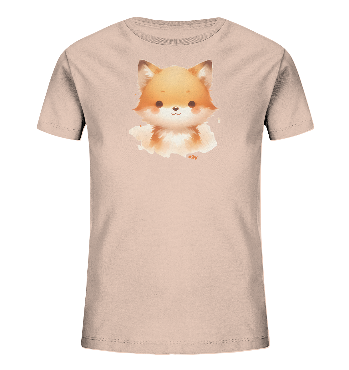 Onlineshop Shirts fuer Kinder - Das Bild zeigt ein hellrosa Kinder-T-Shirt mit einem niedlichen Fuchskopf-Motiv auf der Vorderseite. Der Fuchs ist im Cartoon-Stil gehalten, hat orangefarbenes Fell, rosige Wangen und ein sanftes Laecheln. Die Illustration wirkt wie mit Wasserfarben gemalt und ist von einer weichen, orangefarbenen Form umgeben. Dieses Design verleiht dem Shirt einen charmanten und freundlichen Look.