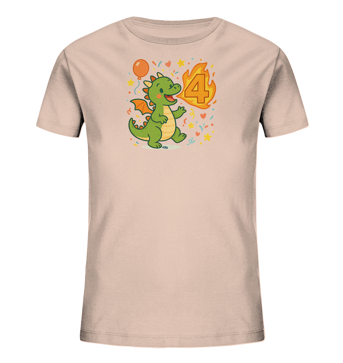 Onlineshop Shirts fuer Kinder - Das T-Shirt ist hellrosa und zeigt einen niedlichen, gruenen Zeichentrick-Drachen. Neben dem Drachen ist die Zahl 4 als Flamme dargestellt, umgeben von Sternen, Herzen und Konfetti. Ein Ballon ergaenzt das festliche Design.
