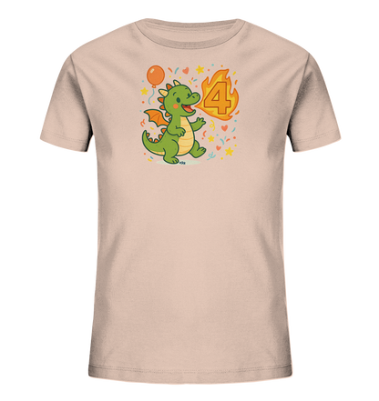 Onlineshop Shirts fuer Kinder - Das T-Shirt ist hellrosa und zeigt einen niedlichen, gruenen Zeichentrick-Drachen. Neben dem Drachen ist die Zahl 4 als Flamme dargestellt, umgeben von Sternen, Herzen und Konfetti. Ein Ballon ergaenzt das festliche Design.
