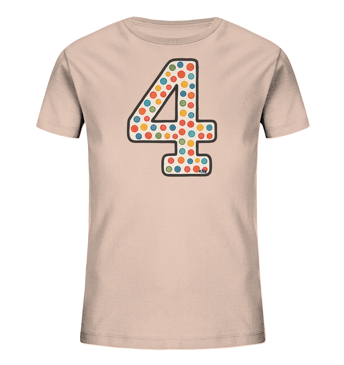 Onlineshop Shirts fuer Kinder - Das Bild zeigt ein hellrosafarbenes T-Shirt fuer Kinder. Auf der Vorderseite ist eine grosse Zahl '4' abgebildet. Die Zahl ist mit einem dunklen Rand versehen und mit vielen bunten Punkten in verschiedenen Farben gefuellt. Dies verleiht dem Design einen froehlichen und verspielten Look.