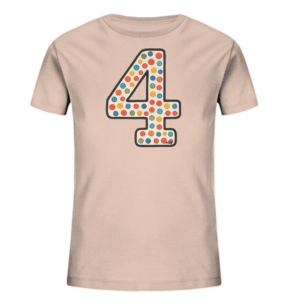 Kinder T-Shirt mit großer Zahl 4, bunten Punkten und dunkler Umrandung
