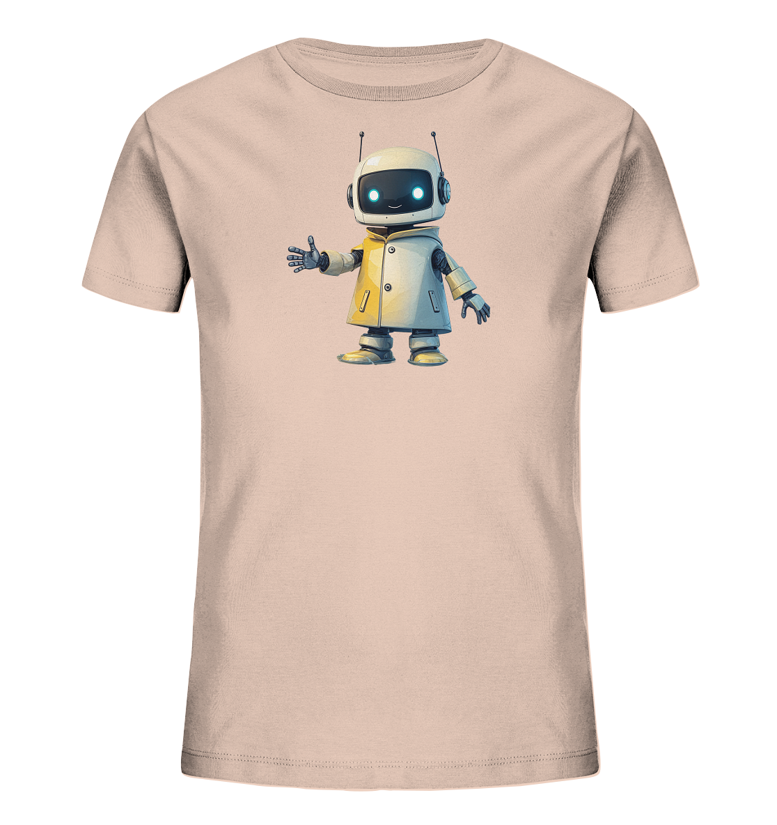Onlineshop Shirts für Kinder - Das Bild zeigt ein Kinder-T-Shirt in einem blassrosa Farbton. Auf der Vorderseite ist ein freundlicher, cartoonhafter Roboter als Print zu sehen. Der Roboter hat leuchtende blaue Augen, trägt Kopfhörer und eine helle Jacke mit gelben Highlights. Er steht aufrecht und scheint mit seiner rechten Hand zu winken oder einen Gruß zu deuten.