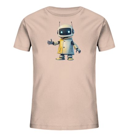 Onlineshop Shirts für Kinder - Das Bild zeigt ein Kinder-T-Shirt in einem blassrosa Farbton. Auf der Vorderseite ist ein freundlicher, cartoonhafter Roboter als Print zu sehen. Der Roboter hat leuchtende blaue Augen, trägt Kopfhörer und eine helle Jacke mit gelben Highlights. Er steht aufrecht und scheint mit seiner rechten Hand zu winken oder einen Gruß zu deuten.