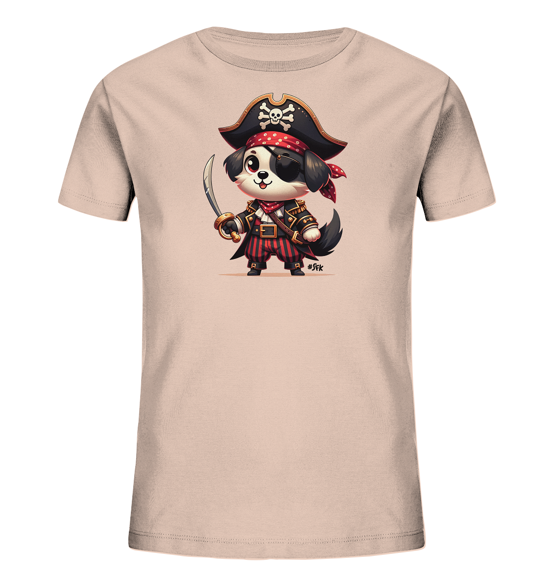 Kinder T-Shirt mit Cartoon-Piratenhund, Augenklappe, Hut und Säbel