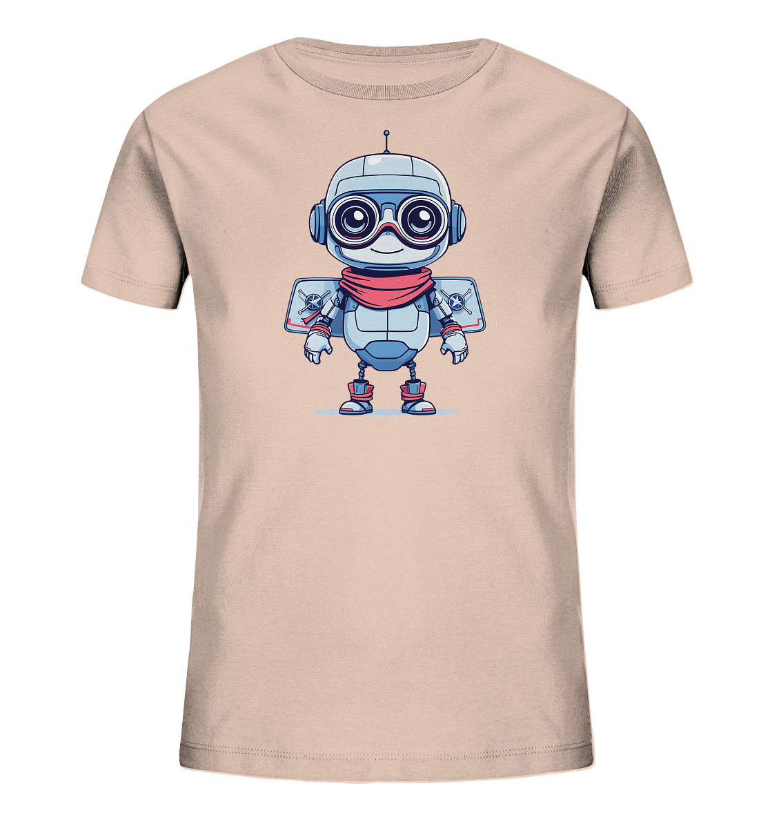 Onlineshop Shirts für Kinder - Das Bild zeigt ein hellbeiges T-Shirt für Kinder mit einem farbenfrohen Druck auf der Vorderseite. Abgebildet ist ein freundlich aussehender Roboter im Cartoon-Stil. Der Roboter trägt eine rote Halstuch und hat Flügel mit Propellern an den Seiten sowie große runde Brillen. Das Design ist detailreich und verwendet Blautöne, Grau und Rot, was dem Shirt einen verspielten und technischen Look verleiht.