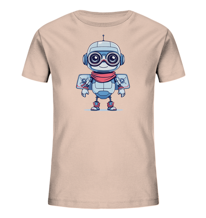 Onlineshop Shirts für Kinder - Das Bild zeigt ein hellbeiges T-Shirt für Kinder mit einem farbenfrohen Druck auf der Vorderseite. Abgebildet ist ein freundlich aussehender Roboter im Cartoon-Stil. Der Roboter trägt eine rote Halstuch und hat Flügel mit Propellern an den Seiten sowie große runde Brillen. Das Design ist detailreich und verwendet Blautöne, Grau und Rot, was dem Shirt einen verspielten und technischen Look verleiht.