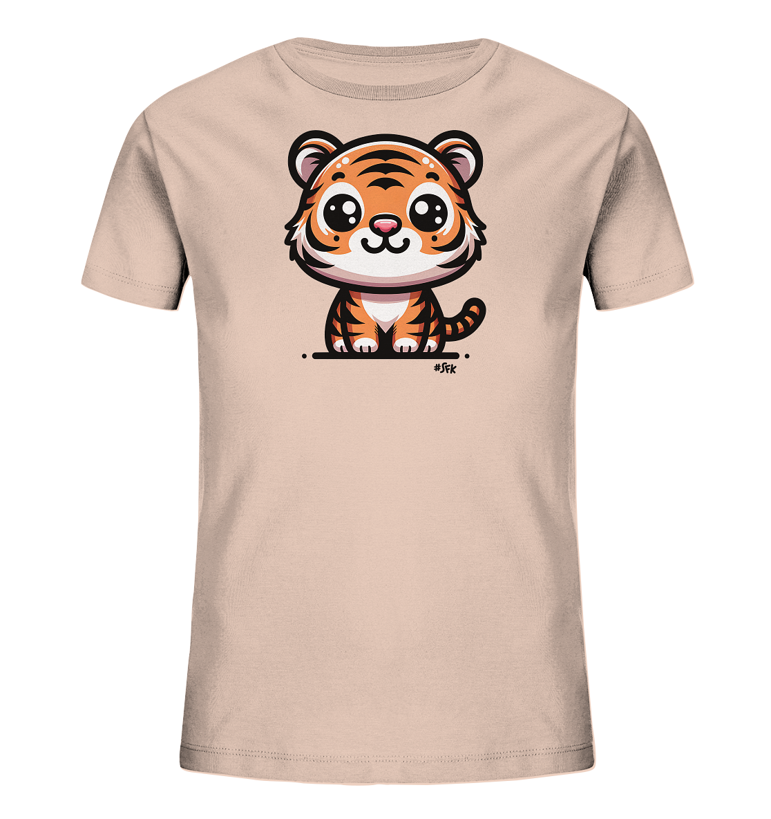 Onlineshop Shirts fuer Kinder - Das Bild zeigt ein hellbeiges Kinder T-Shirt. Darauf ist die niedliche Illustration eines sitzenden Cartoon-Tigers zu sehen. Der Tiger hat orange-schwarze Streifen und grosse Augen, was ihm einen freundlichen Ausdruck verleiht. Das Design ist schlicht und kindgerecht gestaltet.