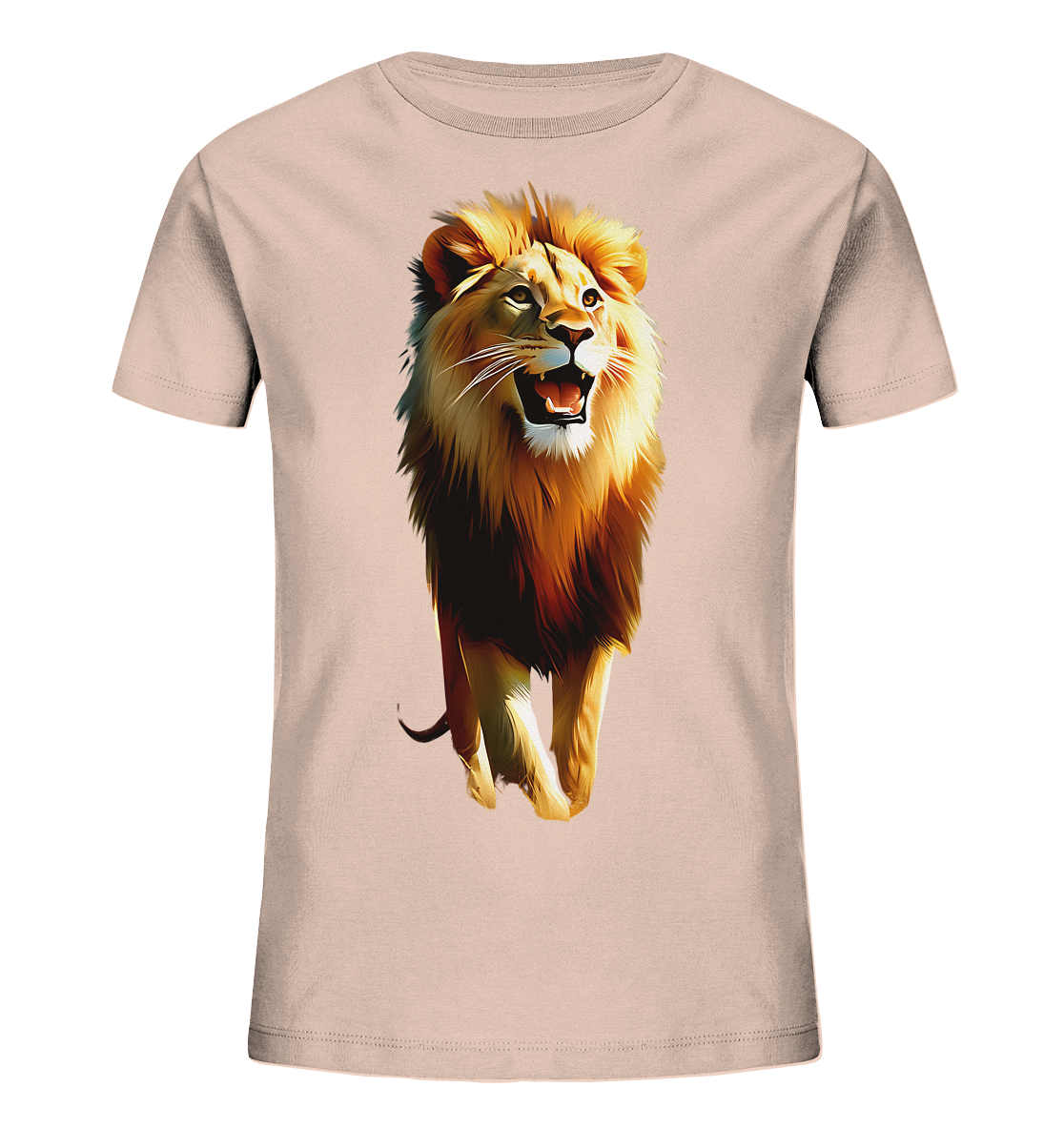 Onlineshop Shirts fuer Kinder - Das Bild zeigt ein hellrosa farbenes Kinder-T-Shirt. Auf der Vorderseite ist ein detailreiches, kuenstlerisch gestaltetes Loewenmotiv abgebildet. Der Loewe steht aufrecht, blickt nach oben und hat das Maul geoeffnet, dargestellt in kraeftigen Gold- und Brauntoenen. Das Design wirkt eindrucksvoll und lebendig, ideal fuer Tierliebhaber.