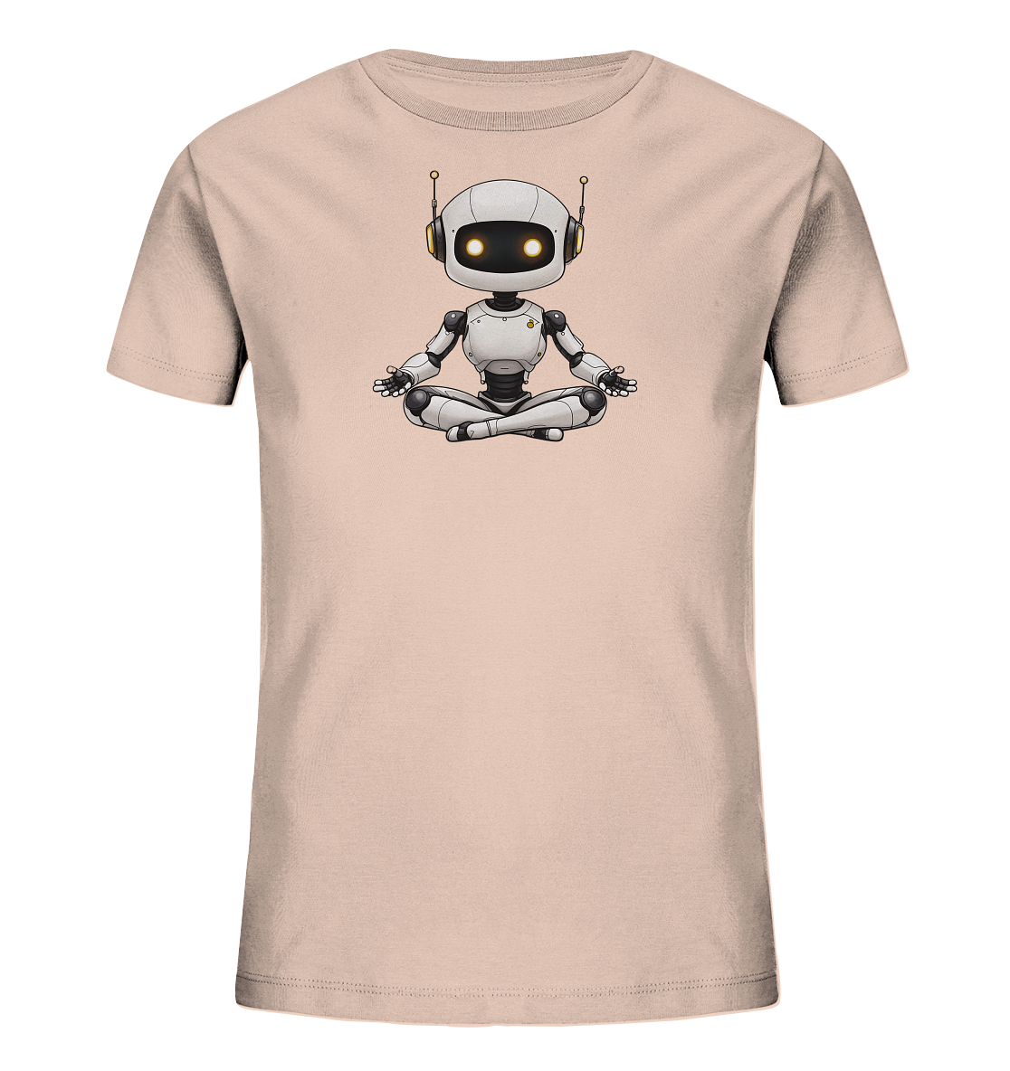 Onlineshop Shirts für Kinder - Das Bild präsentiert ein hellrosafarbenes T-Shirt für Kinder, dessen Vorderseite von einem niedlichen Motiv dominiert wird. Zu sehen ist ein kleiner, cartoonhafter Roboter, der im Lotussitz (Meditationshaltung) dargestellt ist. Der Roboter hat große, leuchtende Augen und Antennen, was ihm ein freundliches Aussehen verleiht. Dieses Design wirkt ruhig und originell und ist eine schöne Option für Kinder, die Technologie oder Achtsamkeit mögen.