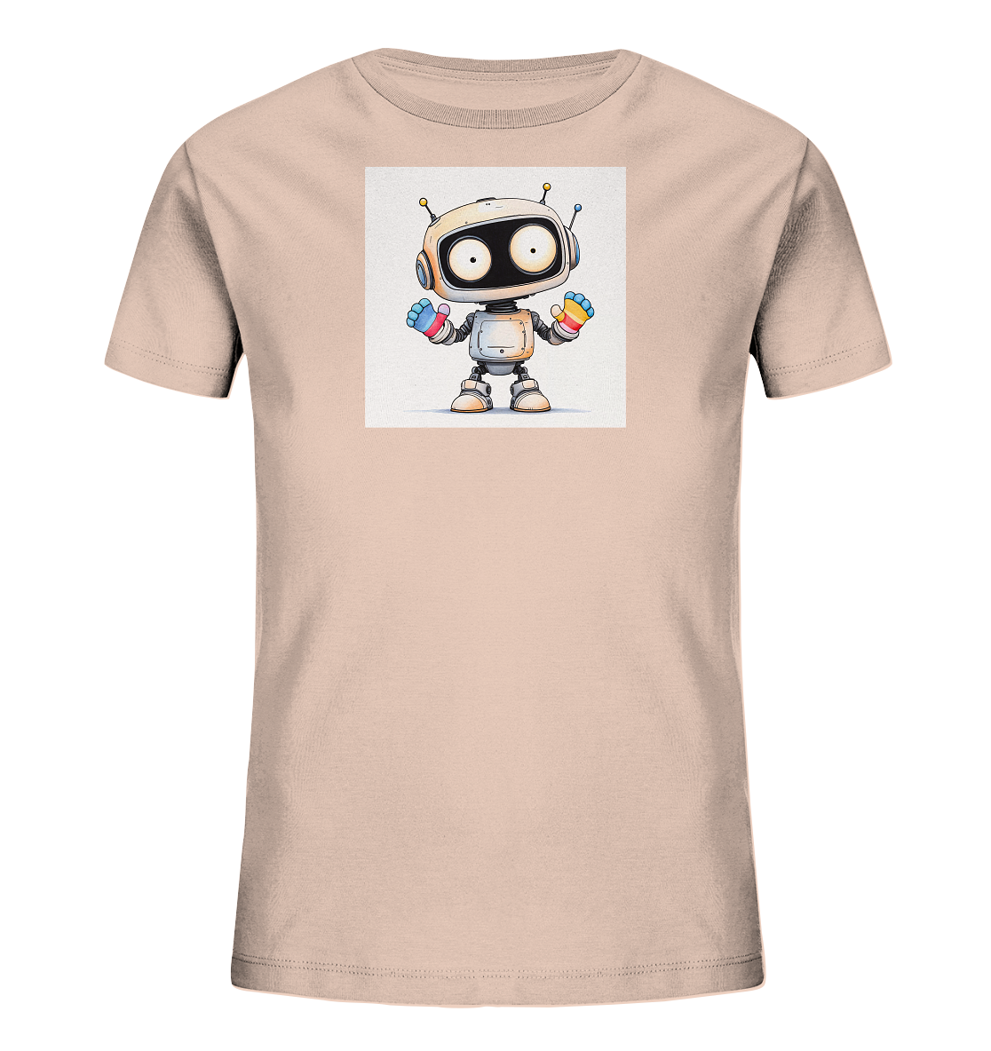Onlineshop Shirts für Kinder - Das Bild zeigt ein kurzärmeliges T-Shirt für Kinder in einem hellen Beigeton oder zarten Rosé. Auf der Vorderseite des Shirts befindet sich ein quadratischer Aufdruck mit einem stilisierten Roboter im Cartoon-Stil. Der Roboter ist weiß-grau gestaltet, hat große, runde Augen, gelbe Antennen und bunte Fäuste in Regenbogenfarben. Das Motiv ist auf einem hellen, leicht strukturierten Hintergrund platziert und verleiht dem Shirt einen fröhlichen und modernen Look.