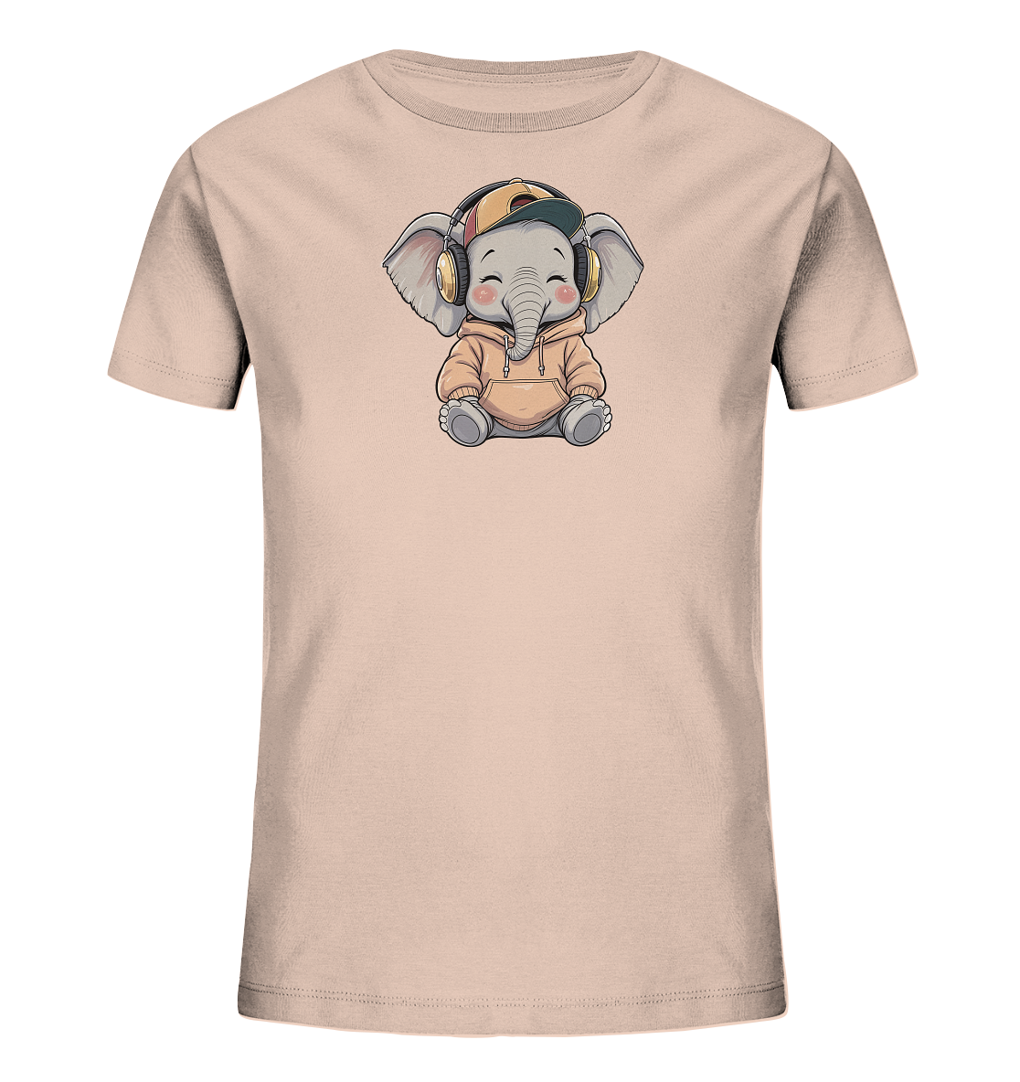 Onlineshop Shirts fuer Kinder - Das Bild zeigt ein hellbeiges Kinder-T-Shirt mit einem niedlichen Comic-Elefantenmotiv auf der Vorderseite. Der Elefant sitzt entspannt, traegt einen Hoodie, eine Baseballkappe und Kopfhoerer. Er hat ein zufriedenes Laecheln im Gesicht, was dem Design einen freundlichen und laessigen Ausdruck verleiht. Das Motiv ist detailreich gestaltet und spricht Kinder an.