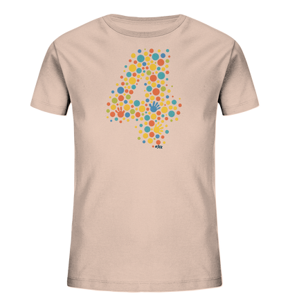 Onlineshop Shirts fuer Kinder - Das Bild zeigt ein helles Kinder T-Shirt. Auf der Vorderseite ist die Zahl '4' als grosses Muster aus vielen bunten Punkten dargestellt. In diesem Muster sind vereinzelt kleine bunte Handabdruecke integriert. Das Design ist farbenfroh und verspielt, ideal fuer kleine Kinder.