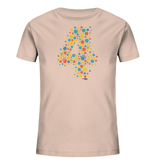 Onlineshop Shirts fuer Kinder - Das Bild zeigt ein helles Kinder T-Shirt. Auf der Vorderseite ist die Zahl '4' als grosses Muster aus vielen bunten Punkten dargestellt. In diesem Muster sind vereinzelt kleine bunte Handabdruecke integriert. Das Design ist farbenfroh und verspielt, ideal fuer kleine Kinder.