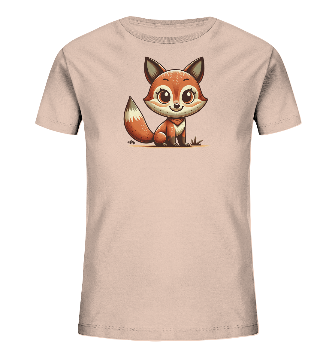 Onlineshop Shirts fuer Kinder - Das Bild zeigt ein helles Kinder-T-Shirt mit einem niedlichen Cartoon-Fuchs-Motiv auf der Vorderseite. Der Fuchs ist orange-braun mit grossen Augen und einem buschigen Schwanz. Er sitzt auf dem Boden, umgeben von etwas Gras, und hat einen freundlichen Ausdruck. Das Design ist schlicht und charmant, ideal fuer Kinder.