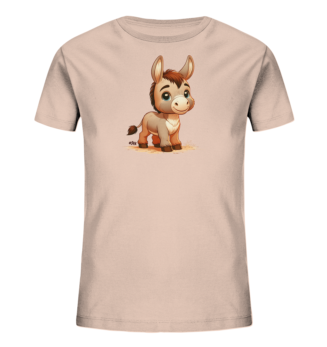 Onlineshop Shirts fuer Kinder - Das Bild zeigt ein hellrosa Kinder-T-Shirt mit einer niedlichen Illustration eines Esels darauf. Der Esel ist im Cartoon-Stil dargestellt, hat grosse Ohren, ein freundliches Gesicht und steht auf trockenem Boden. Die Grafik ist detailreich und farbenfroh gestaltet, was dem Shirt einen ansprechenden Look verleiht.