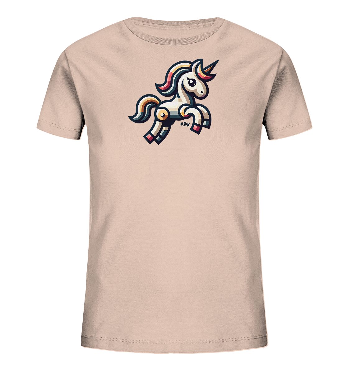 Onlineshop Shirts fuer Kinder - Das Bild zeigt ein helles Kinder-T-Shirt in einem neutralen Farbton. Auf der Vorderseite ist ein farbenfrohes, stilisiertes Einhorn abgebildet. Das Einhorn springt und hat eine bunte Maehne sowie farbige Akzente an den Beinen. Das Design wirkt verspielt und ansprechend fuer Kinder.